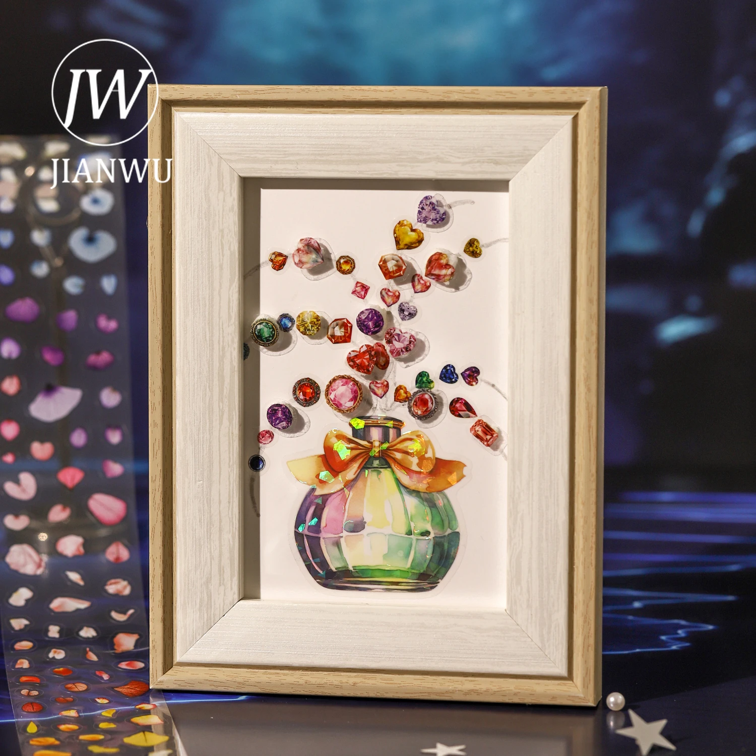 JIANWU 럭키 스타리 레인 시리즈 빈티지 꽃잎 다이아몬드 스타 풍경 소재 콜라주 PET 테이프 크리에이티브 DIY 저널 문구