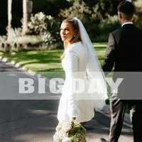 Elegant Short Wedding Dress Long Sleeve O-Neck Buttons Zipper Back Simple Bridal Gown Above Knee Vestidos De Noiva Customized 2
