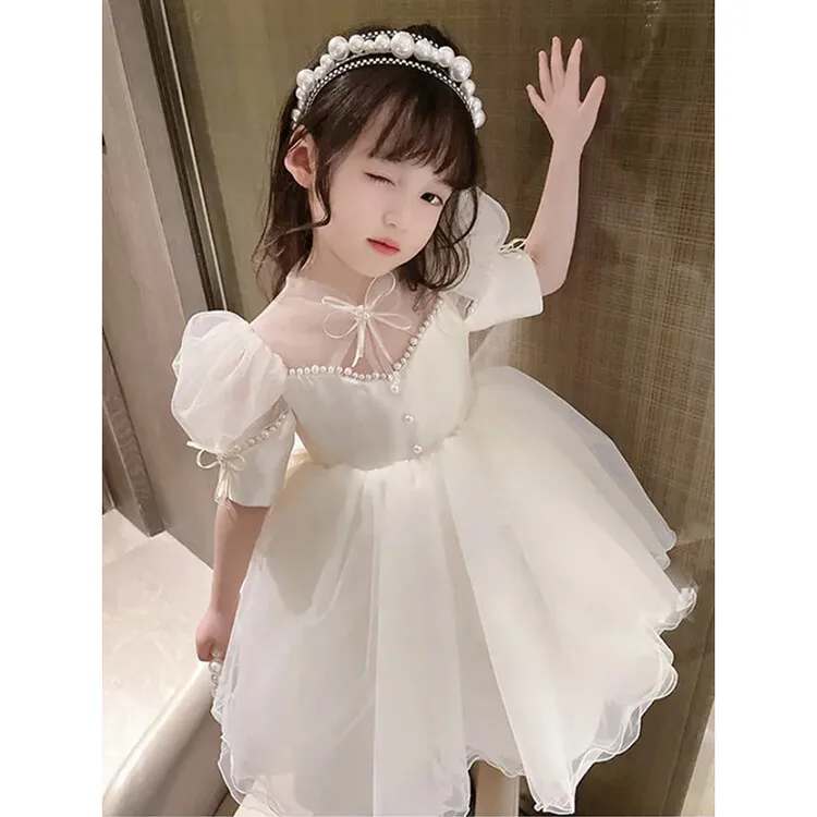 

summer princess tutu dress baby girls kids clothes birthday wedding beads children costume vestidos toddler bow 2 to 14 yrs