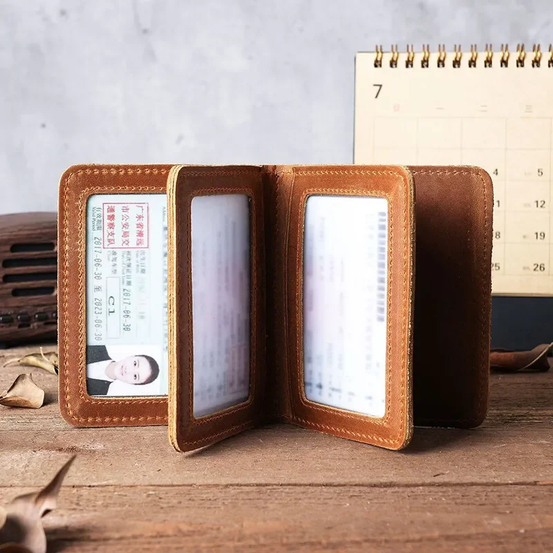 Crazy Horse Leather Mens First Layer Cowhide Credit Card Holder Wallet Short Drivers License 5 Transparent Windows ID Card Cases