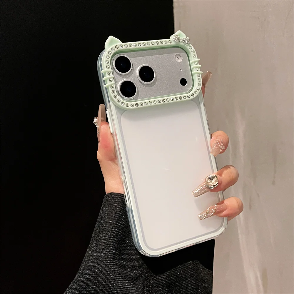 Luxury Rhinestone Cat Ears Matte Transparent Phone Case with Candy Color Bumper