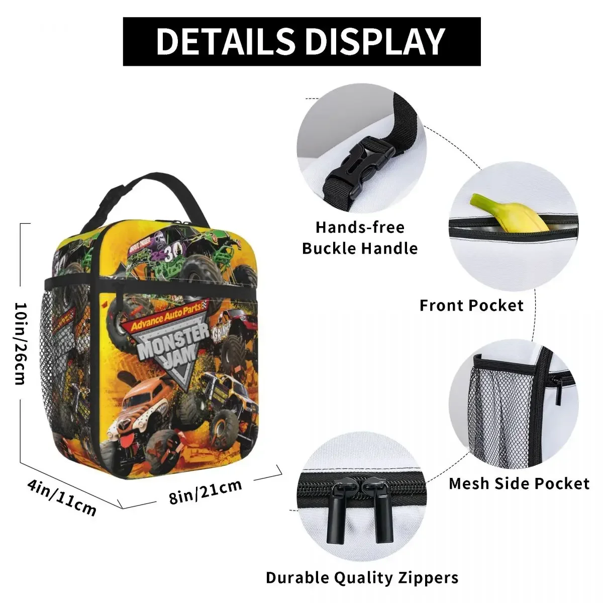 Tickets -Monster Jam Monster Trucks Insulated Lunch Bag Thermal Bag Meal Container Portable Tote Lunch Box Food Handbags Travel