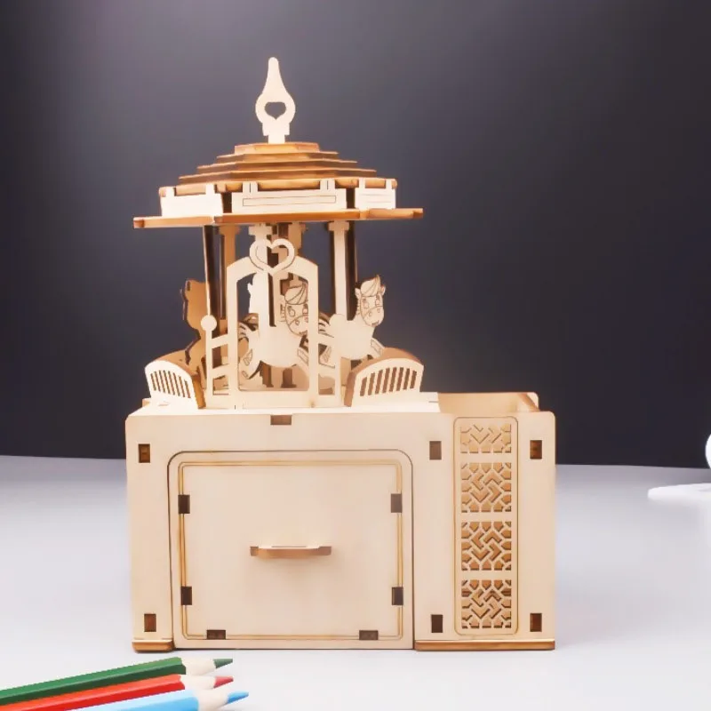 

Rotating Trojan Horse 3D Stereoscopic Wooden Puzzle Toy Handmade Assembly Model Music Box Pen Box Children's Puzzle Toy