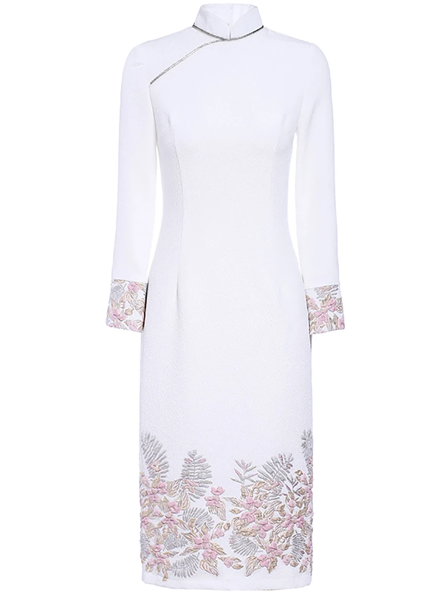 

Spring Summer Chinese Style Straight Dress Office Lady Pencil Dresses Mandarin Collar Slim Waist Party Evening Floral Dress