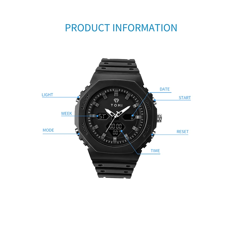 TOMI Men's Digital Watch Multi functional Outdoor 30M Waterproof Sports Watch Student Exploration Military Electronic Watch 6