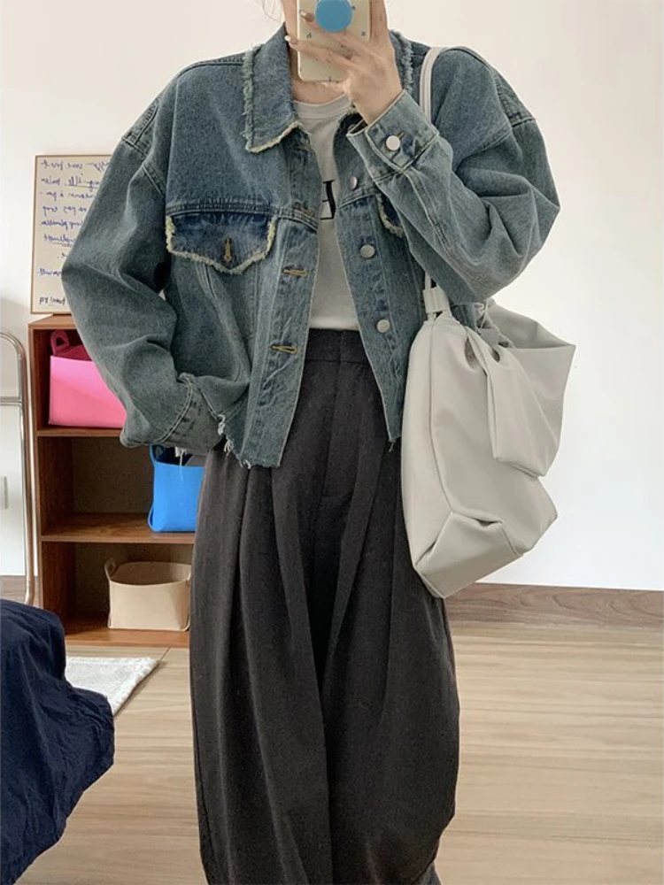 

Deeptown Vintage Streetwear Blue Jean Jacket Woman Y2K Harajuku BF Oversized Denim Coats Korean Fashion Casual Long Sleeve Tops