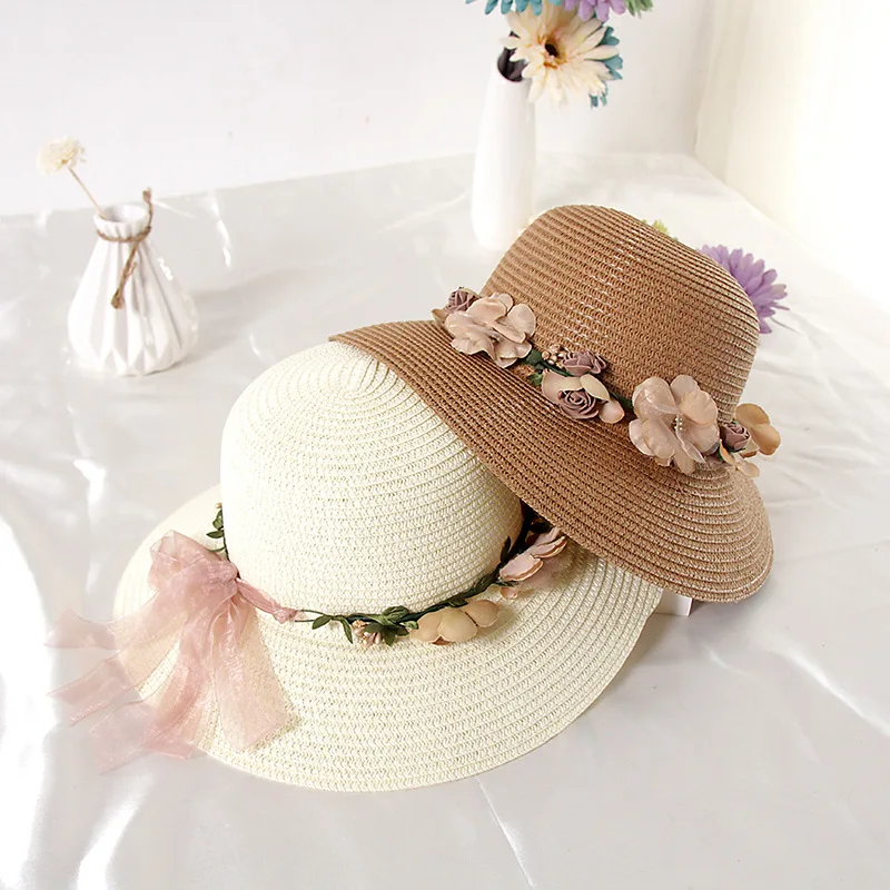 

Simple Summer Flower Bow Sun Hat Women Large Brimmed Hat Folding Beach Straw Hat Sun Protection UV Panama Beach Hat Chapeau Bone