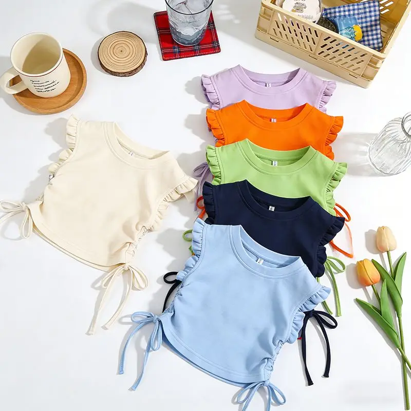 소녀의 작은 플라잉 슬리브 탑 여름 짧은 스타일 솔리드 컬러 다목적 베이비 핑크 아동 의류 드로스트링 티셔츠