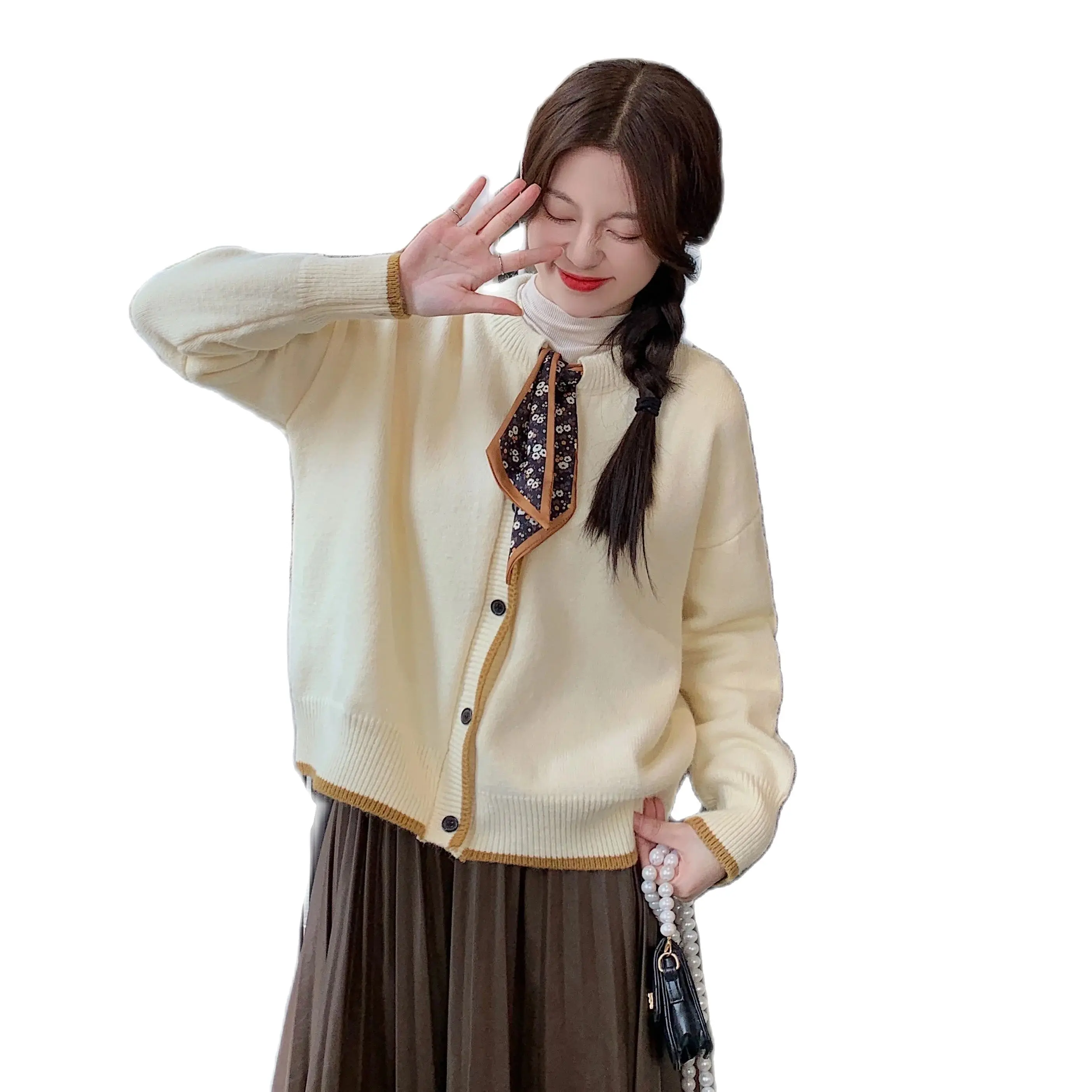 Korean Style Winter Pregnancy Sweater with Floral Scarves Plus Size Maternity Knitted Cardigans Button Fly Fashion Women's Coats