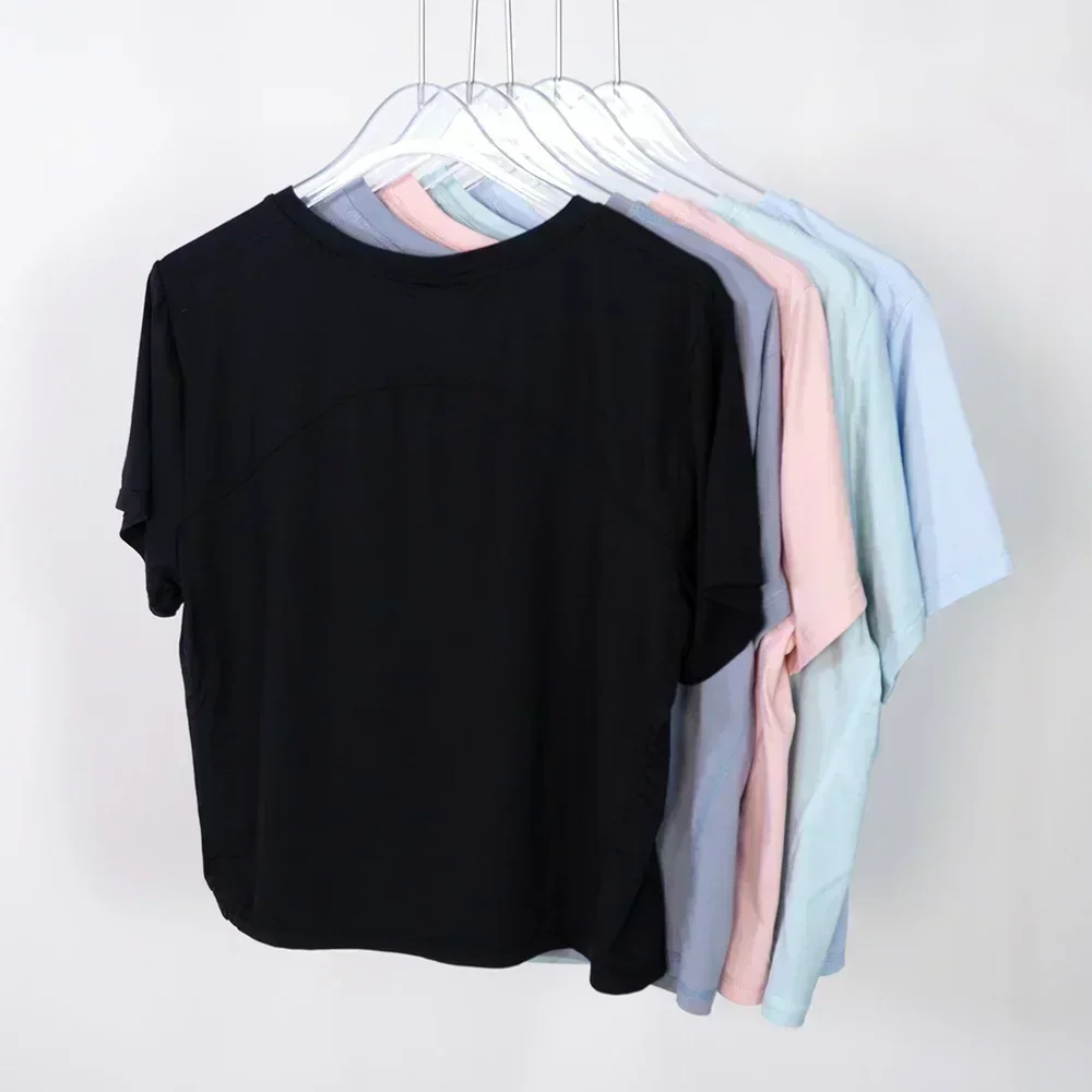 Lemon Women Summer Solid Color Short Sleeve Top Ladies Loose Elastic Breathable Sports Yoga Dance Gym Sports Leisure T-Shirt
