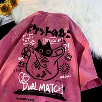 Femmes dessin animé T-Shirts Vintage été Harajuku Kawaii chat imprimé à manches courtes T-Shirts Couple Streetwear vêtements amples couverture en coton 3