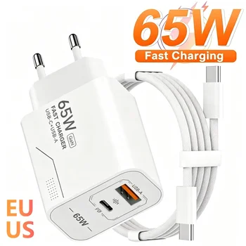 Caricatore rapido USB C PD da 65W a 2 porte, adattatore di alimentazione per telefono, per iPhone, Samsung, Xiaomi, tipo C, con spina EU/US, caricatore da parete.