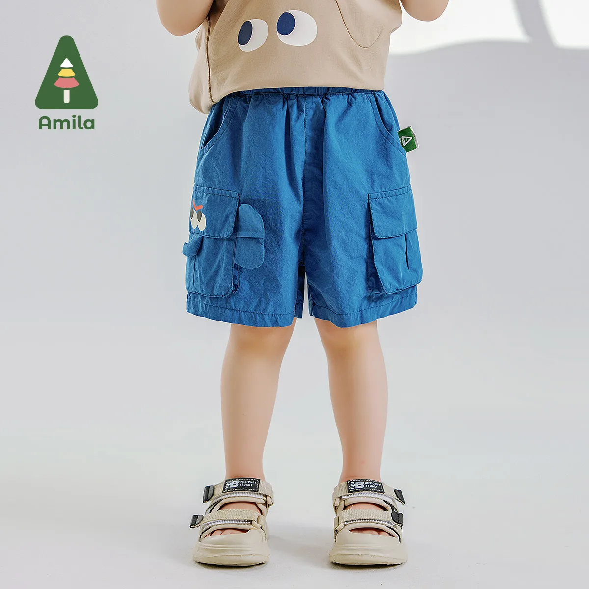 Amila Summer New Boys Bottom Cotton Solid Color Cartoon Elephant Pocket Cargo Quarter Pants