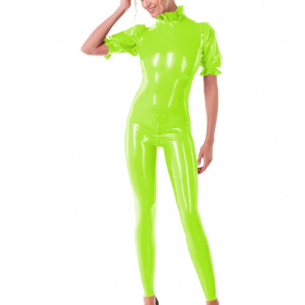 Plus Size Sissy Solid Color Short Sleeve Jumpsuits for Women High Neck Slim Zipper Open Crotch Jumpsuits Exotic Party Rompers 5