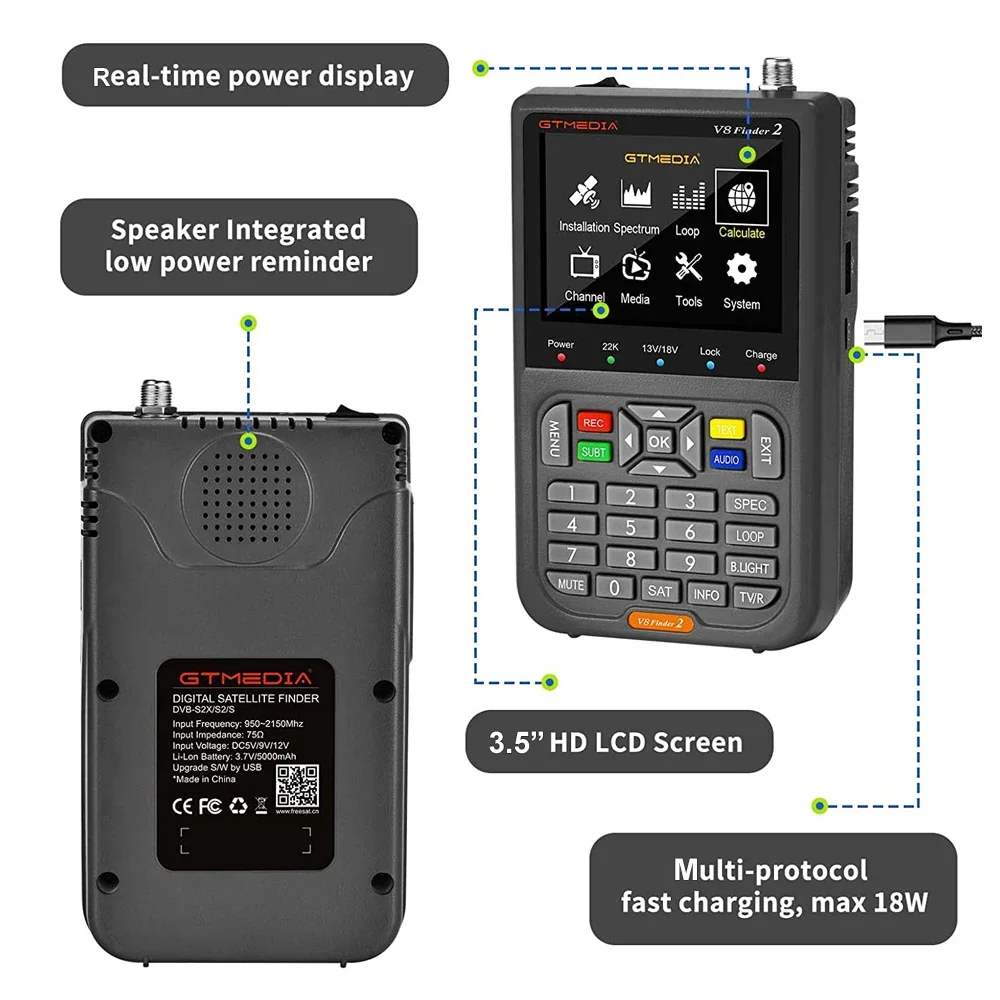V8 Finder2 Satellite Finder Digital FTA DVB-S/ S2/ S2X Signal Detector Receiver LCD Screen For Adjusting Sat TV Dish