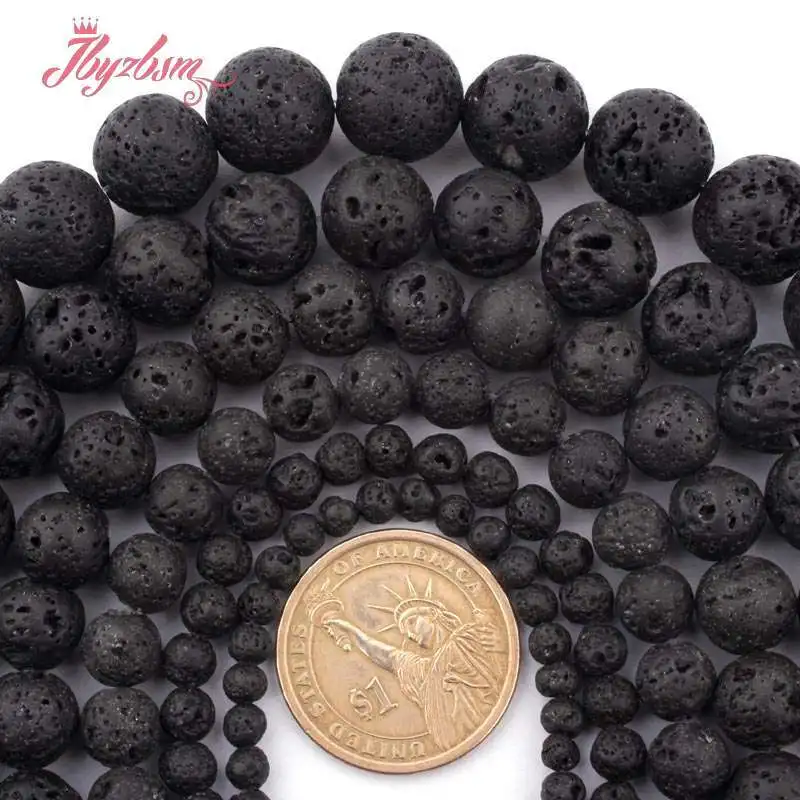 Natural Lava Rock Round Black Loose Beads Natural Stone Beads For DIY Necklace Bracelat Jewelry Making Strand 15