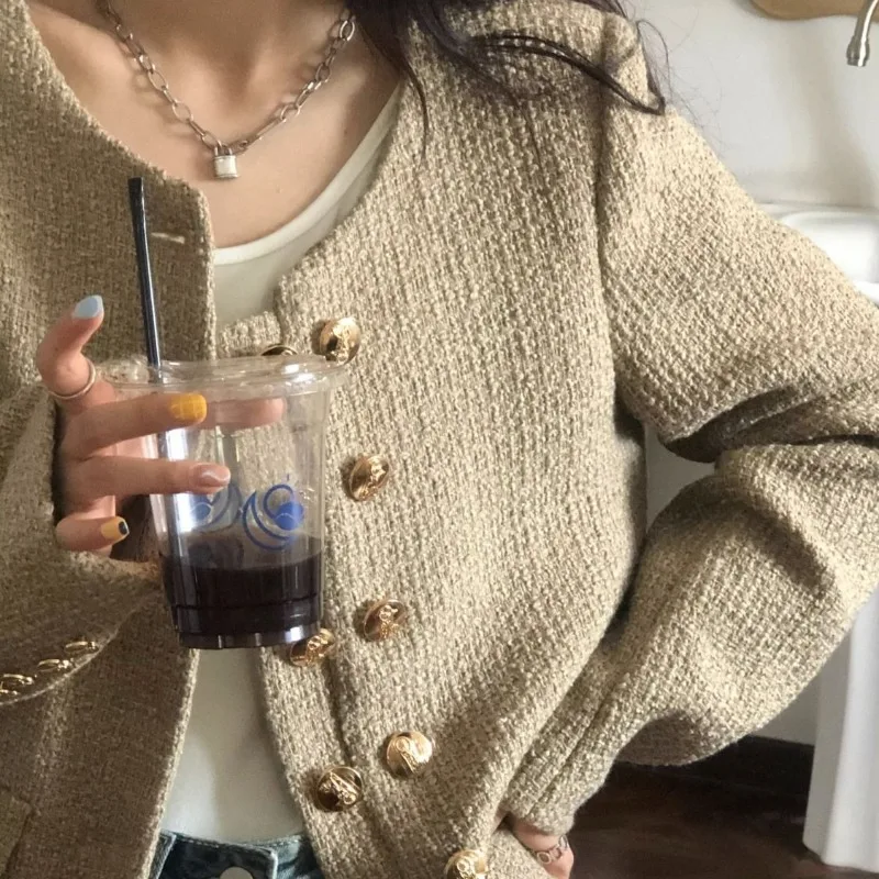 2024 Spring Autumn New Retro Small Fragrant Wind Jacket Elegant Temperament Women's Round Neck Overcoat Loose Cardigan Short Top