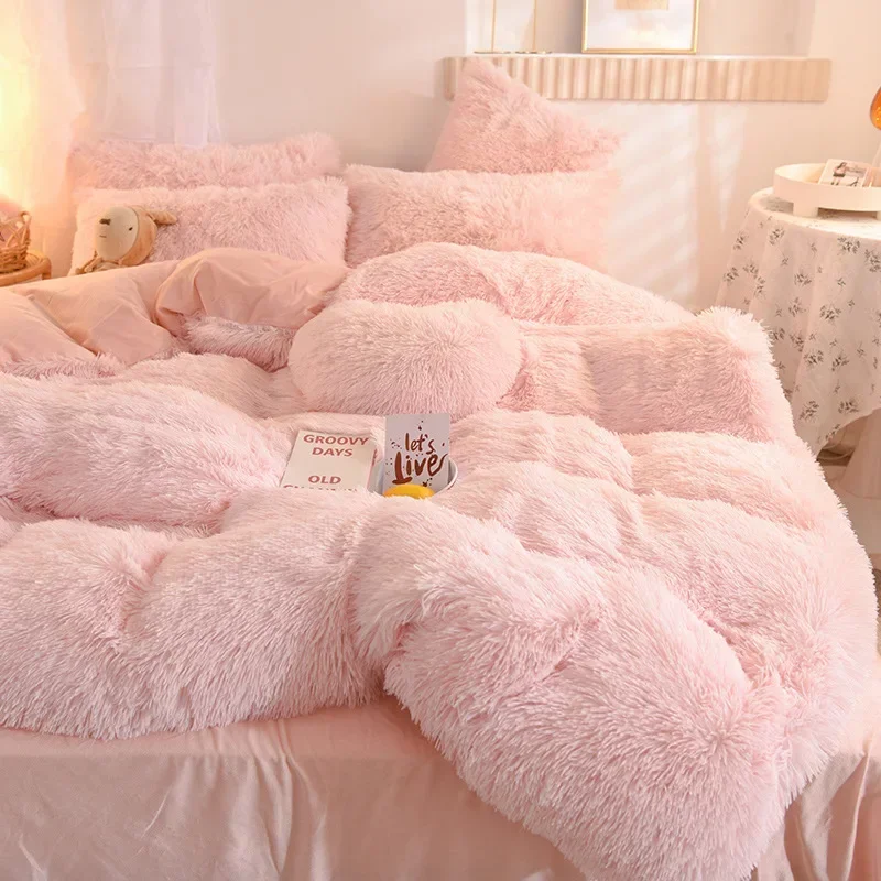 

3-piece Winter Warm Down Duvet Cover with Pink Mink Fur and Fluffy Flannel Duvet Cover 150x200 Deluxe Double Bed Bedding