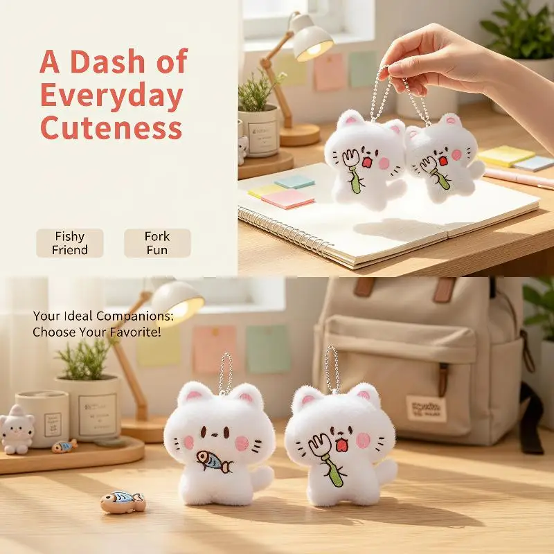 Adorable Fluffy Cat Plush Keychain - Soft Cartoon Pendant