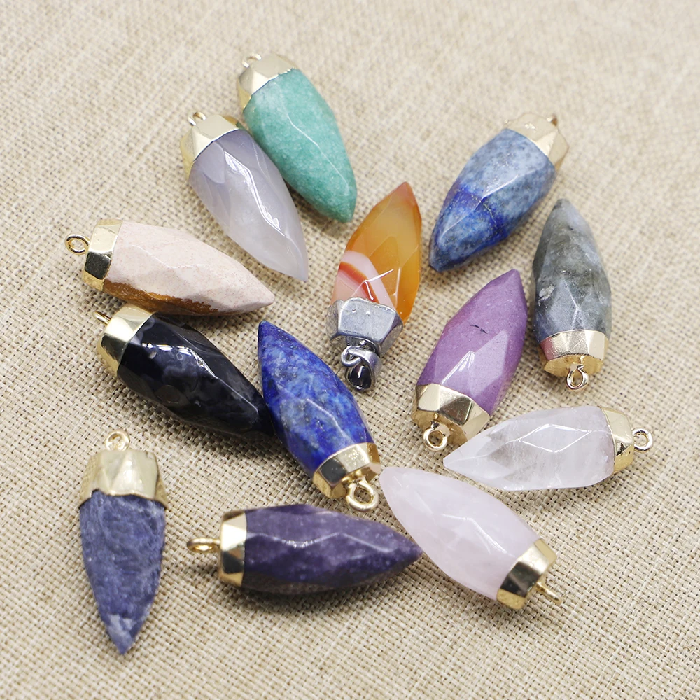 Natural Stone Gold Cone Healing Pendulum Faceted Pendants Rose Quartz Crystal Necklaces Charms DIY Jewelry Making Wholesale 8PCS
