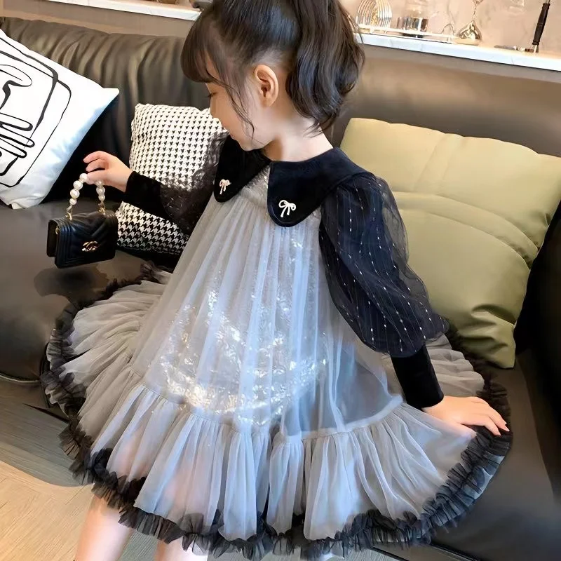 

New Spring Autumn Girl Gauze Bowknot Sequin Dress Clothes Kids Peter Pan Collar Princess Fashion Thin Tutu Dresses For Child