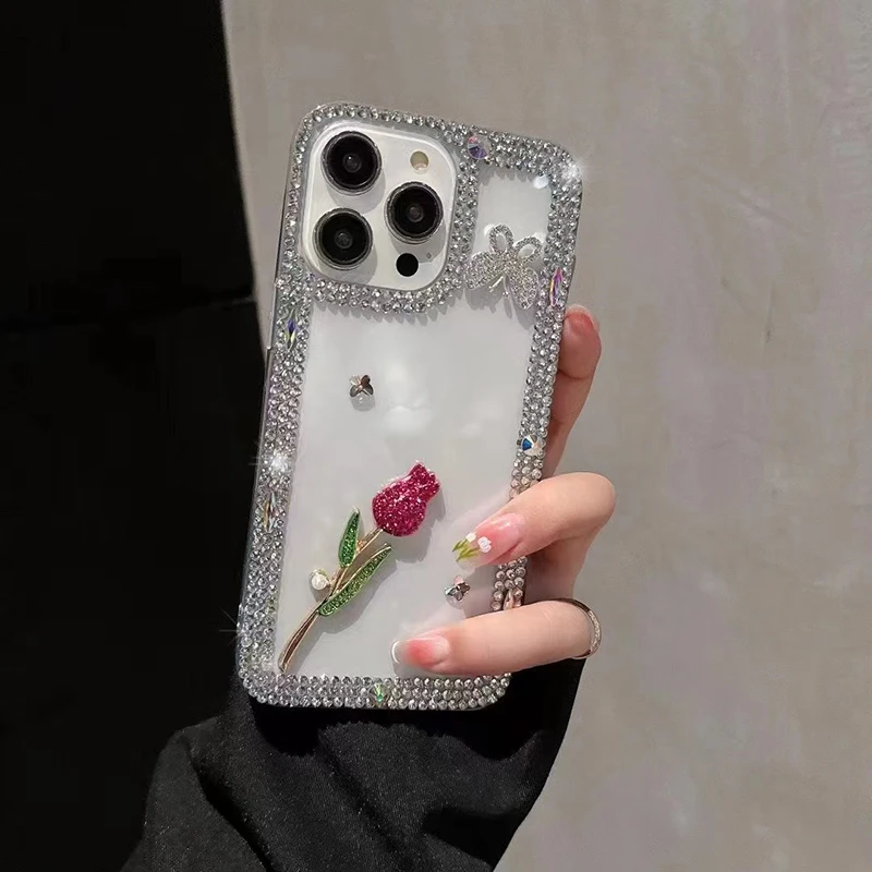 Clear Red Rose Phone Case with Love Bow and Bling Diamond Back Cover - Transparent and Fashionable Accessories