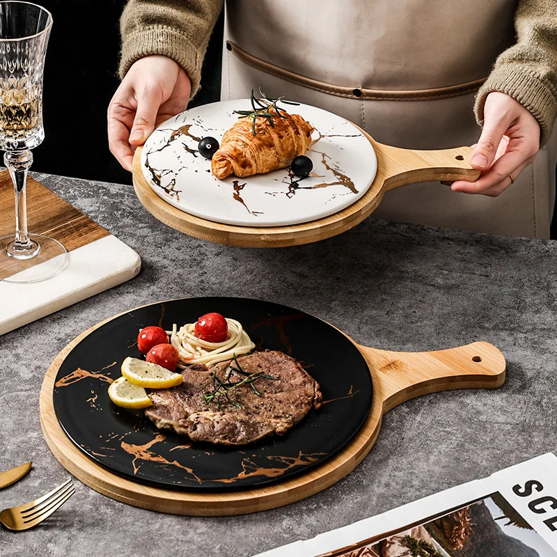 

Japanese Creative Ceramic Dining Plate Domestic marble steak plate with bamboo handle