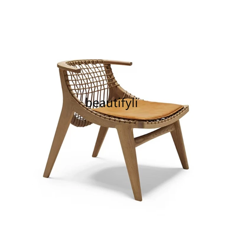 

Nordic Solid Wood Home Dining Chair Leisure Chair Vintage Rattan Ox Horn Chair Silent Style Designer Model Living Room Furniture