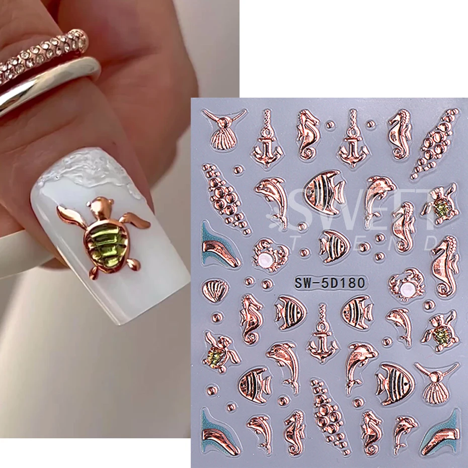 5D Summer Beach Nail Sticker Shell Ocean Starfish Fish Nail Design Self-adhesive Decal Nail Art Supplies DIY Manicure Decoration