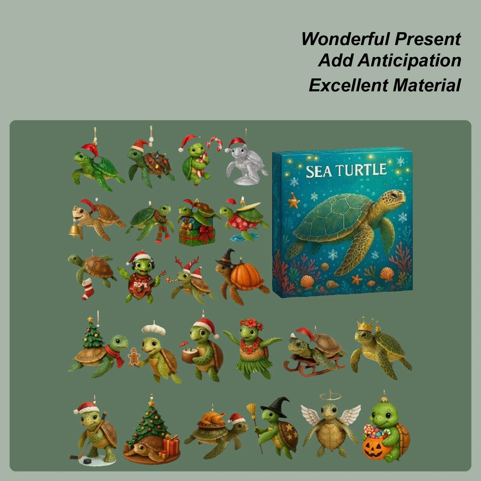 Christmas Sea Turtle Advent Countdown 24 Days 2D Acrylic Decor Sea Turtle Ornament 2025 Countdown Calendar for Holiday Home Car