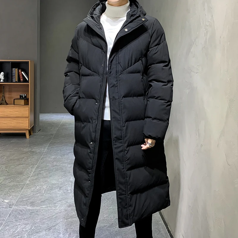 New Winter Men's Black Long Warm Cotton-Padded Jackets Outwear Casual Hooded Mid-Length Loose Down Coat Windproof Thicken Parkas