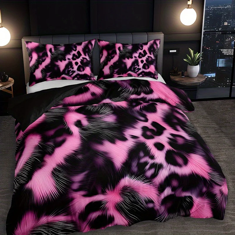 2/3Pcs Pink Leopard Print Duvet Cover Set, HD Print Soft Breathable Light Beige Bedding with Pillowcases, All Season Home Dorm