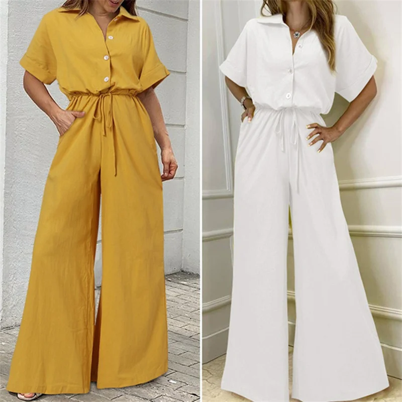 Casual Elegant Office Ladies Jumpsuits Short Sleeve V Neck Straight High Waist Jumpsuit Women's Overalls New Solid Rompers