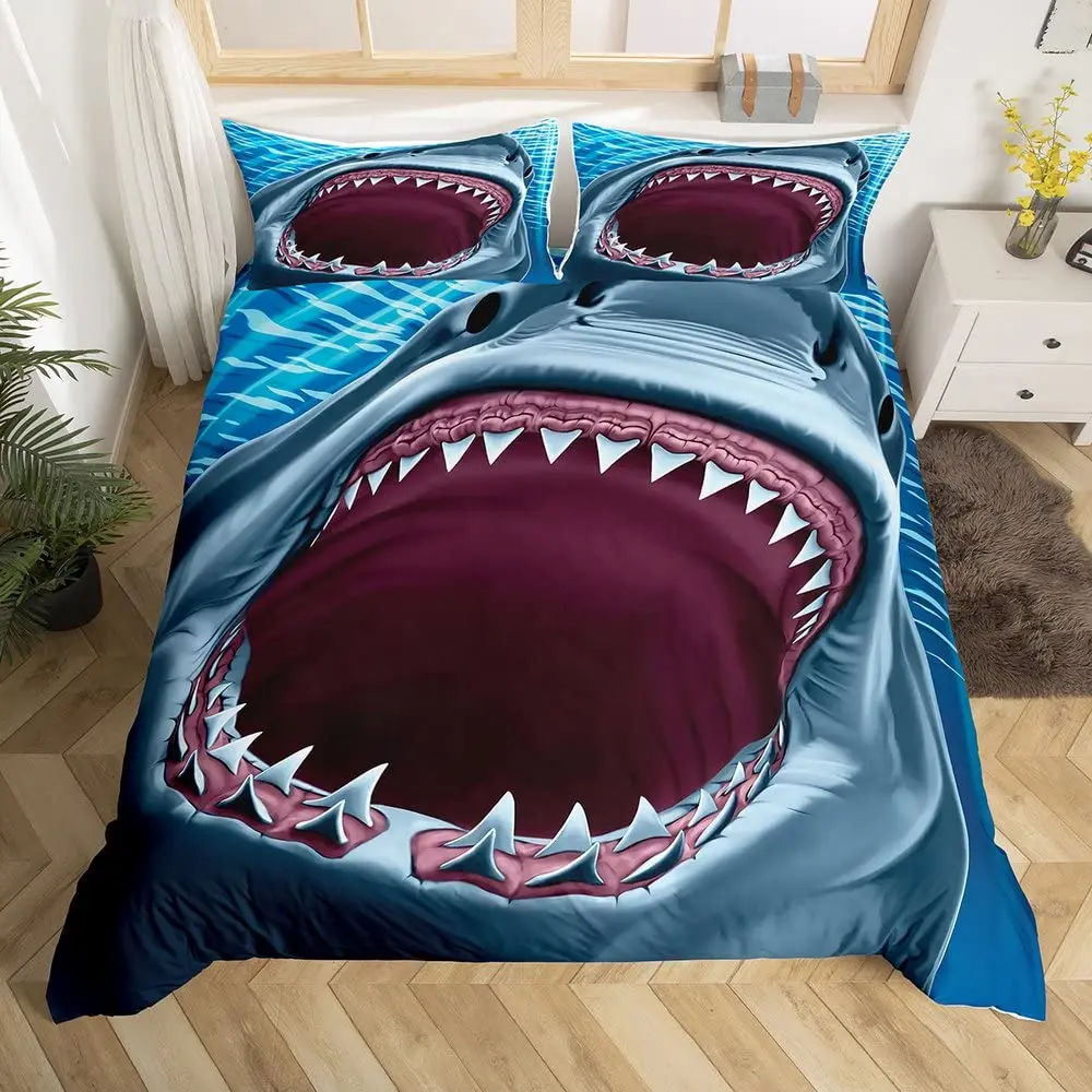 Cartoon Shark King Queen Copripiumino Blue Ocean Animal Theme Bedding Set Per Bambini Ragazzi Ragazze Sealife 2/3 Pezzi Soft Comforter Cover