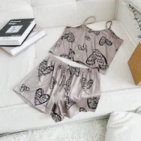 Pyjama décontracté pour femmes, vêtements de nuit sexy, imprimé, col rond, haut en soie glacée, ensembles T-Shirt et short, respirant, confortable, vêtements de maison 4