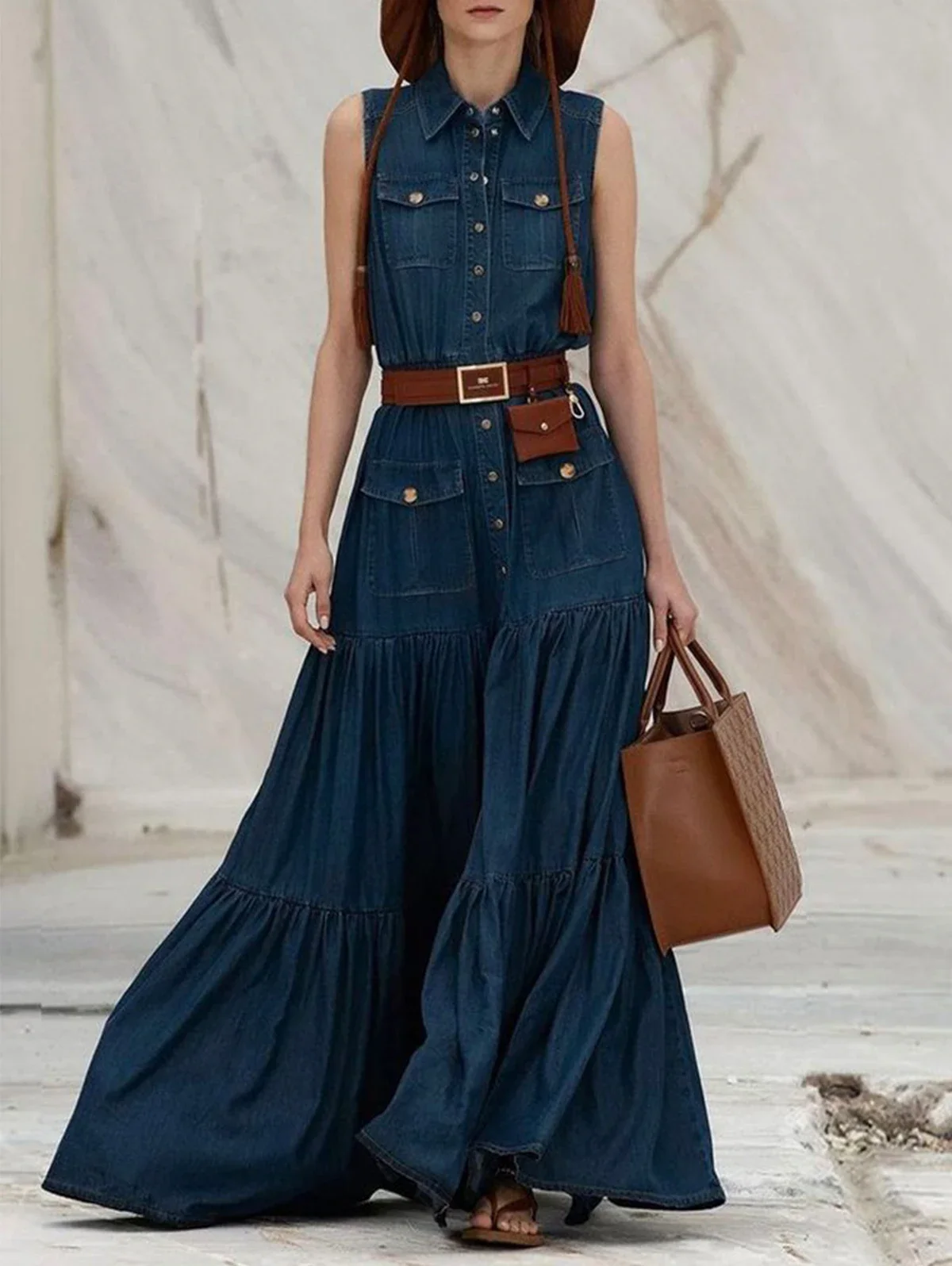 Kadın İmitasyon Denim Tank Elbise Turn Down Yaka Etnik Tarzı Şık Vintage Yaz Rahat Cepler Düğme Maxi Elbiseler 2025