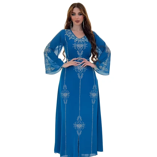 Polyester Muslim Abaya for Women Summer Elegant Orange Blue Pink Green Muslim Women Long Sleeve V-neck Polyester Long Abaya 2
