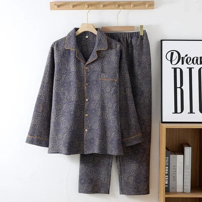 Cotton Double-layer Men's Spring and Autumn Sleepwear Thin Long Sleeved Long Pants Loose Home Pyjama Suit pajama sets