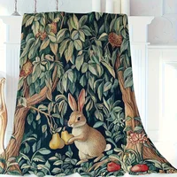 Classic Rabbit and Fruit Pattern Fleece Blanket Botanical Design Soft Warm Throw Boho Interior Decoration Bedding Cover for Home 6