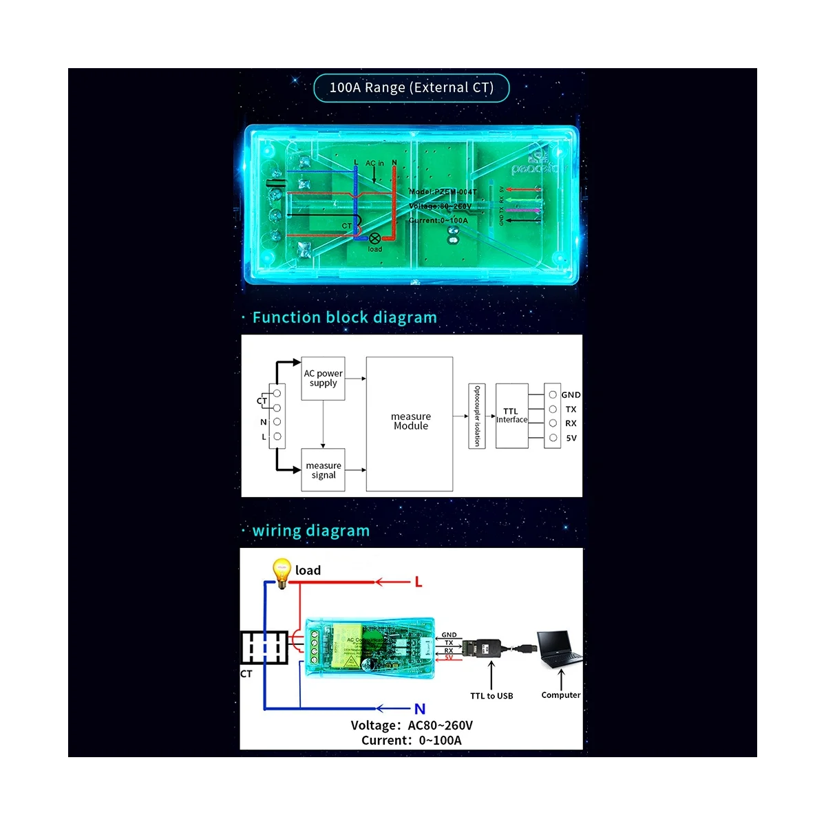 

10A PZEM 004T 3.0 Wattmeter Kwh Meter Volt Amp Current Test Module Digital Multifunction Meter for Arduino TTL