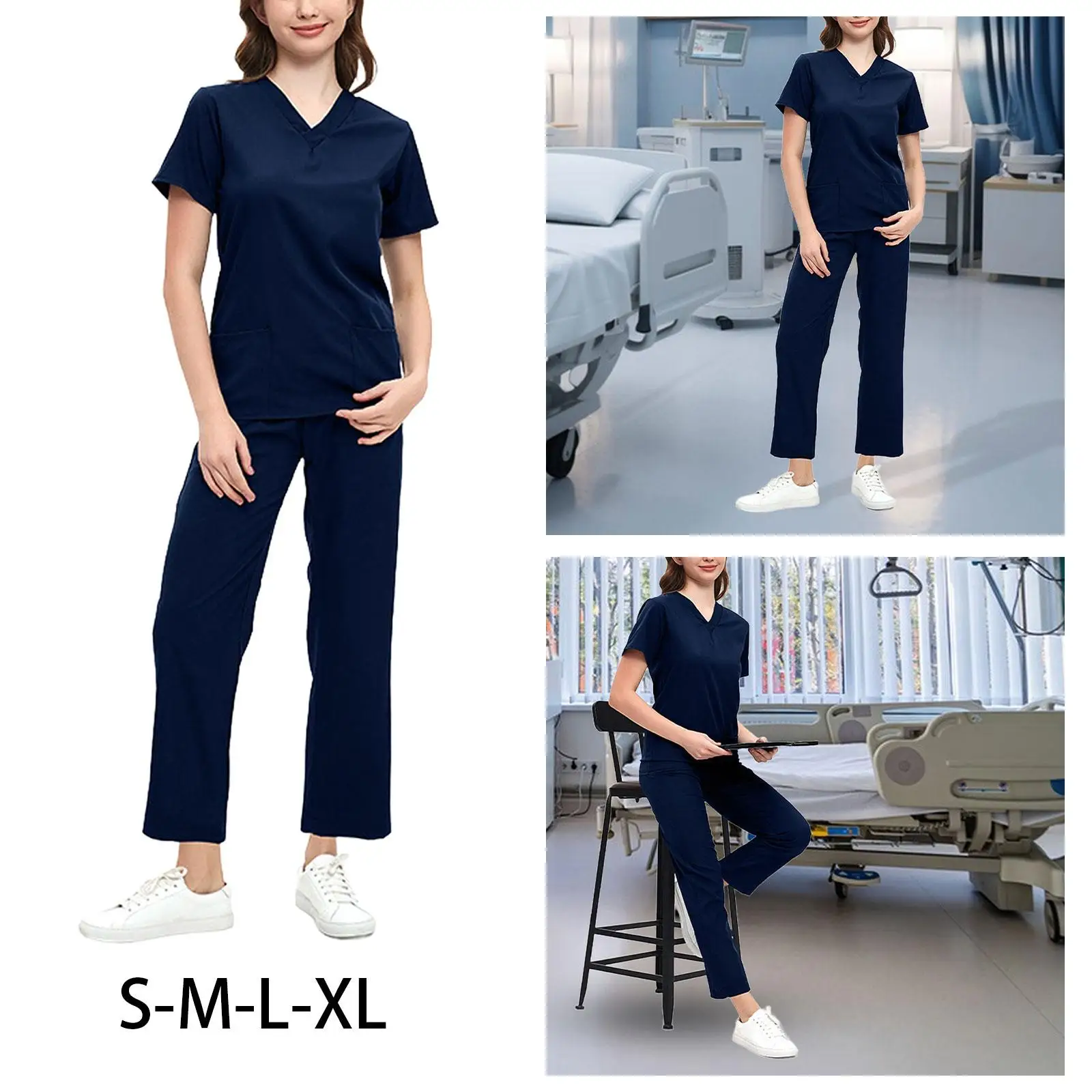 Women Scrubs Set Short Sleeved Workwear Work Clothes Comfortable Work suits Nurse Uniform for Healthcare Pet Grooming Navy Blue