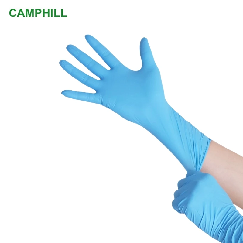 Gants nitrile jetables bleus de 9 pouces, vue de dessus montrant la texture.