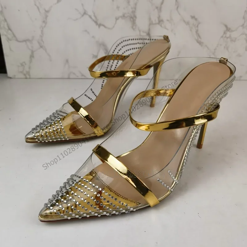 

Rhinestone Decor PVC Pointed Toe Gold Shallow Pumps Slip On Women Shoes Thin High Heels Fashion Runway 2023 Zapatos Para Mujere