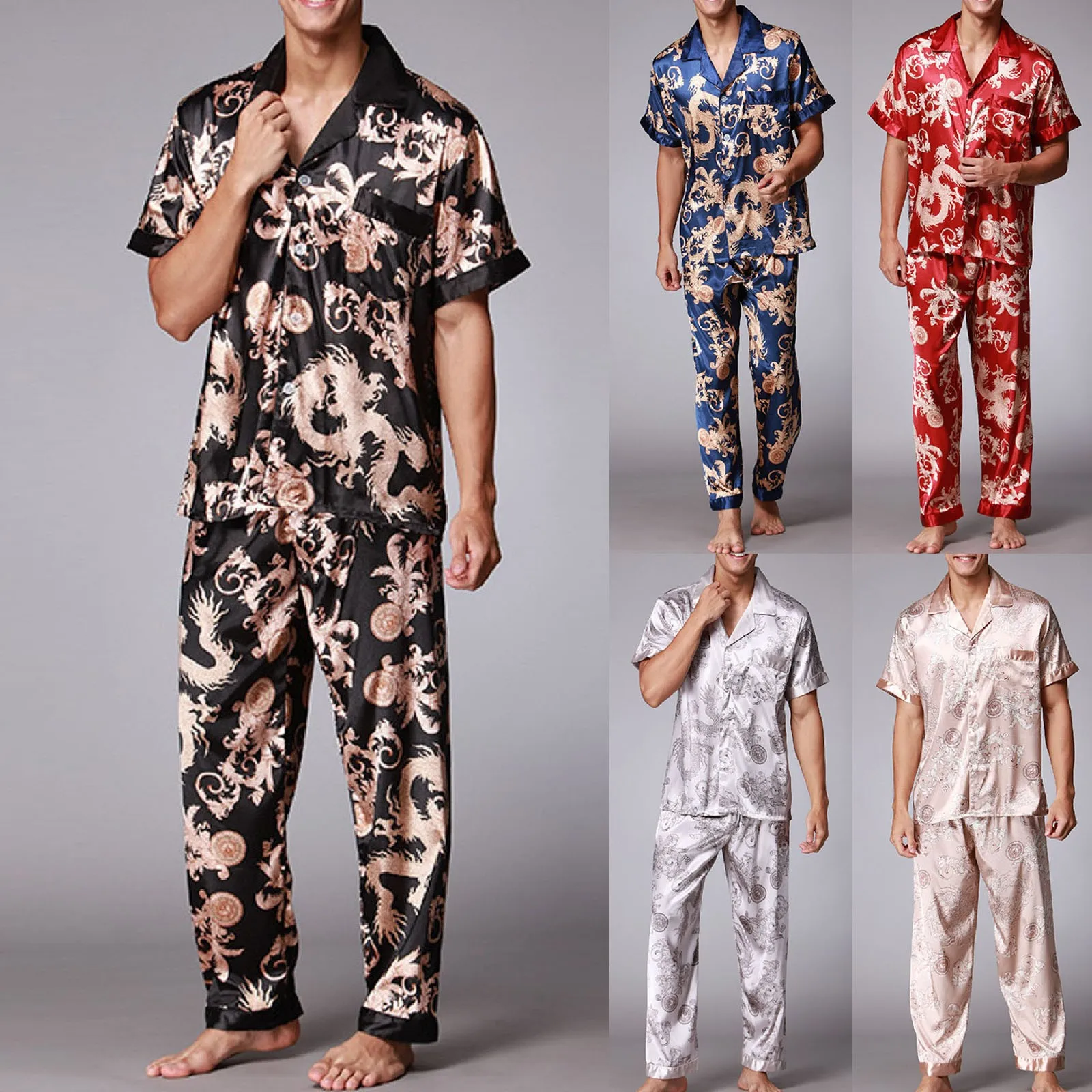 

Мужские брюки с коротким рукавом, пижамные комплекты, Весенняя шелковая ледяная шелковая модель, набор из 20 предметов, пижамы с застежкой на талии