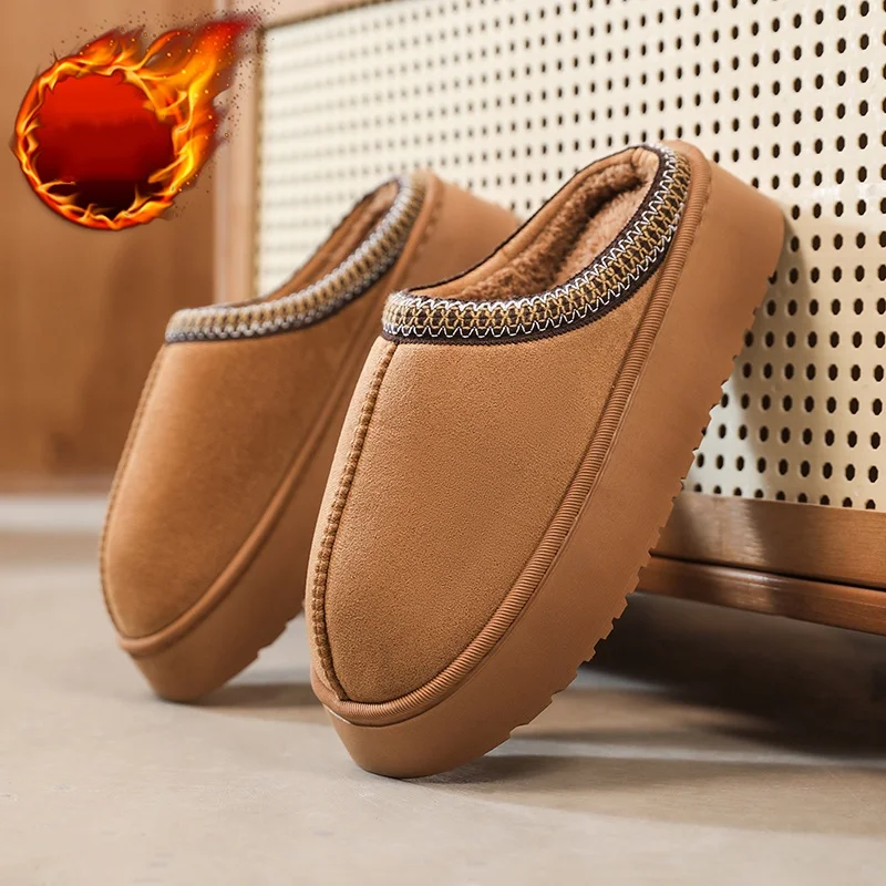 Fleece-Lined Thick-Soled Cotton Slippers for Men and Women, Indoor and Outdoor Wear, Thick-Soled, Wear-Resistant, Non-Slip, Closed-Toe Couple Slippers