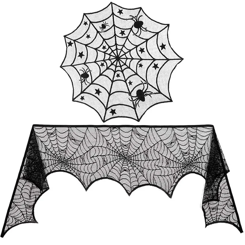 Black Lace Halloween Table Runner Spider Web Tablecloth Ghost Day Decorative Cloth Bat Theme Halloween Table Decor