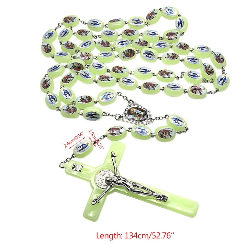 Catholic Glow in The Dark Rosary Pendant Necklace Angel Virgin Mary Luminous Prayer Beads Wall Hanging Home Decoration DXAF