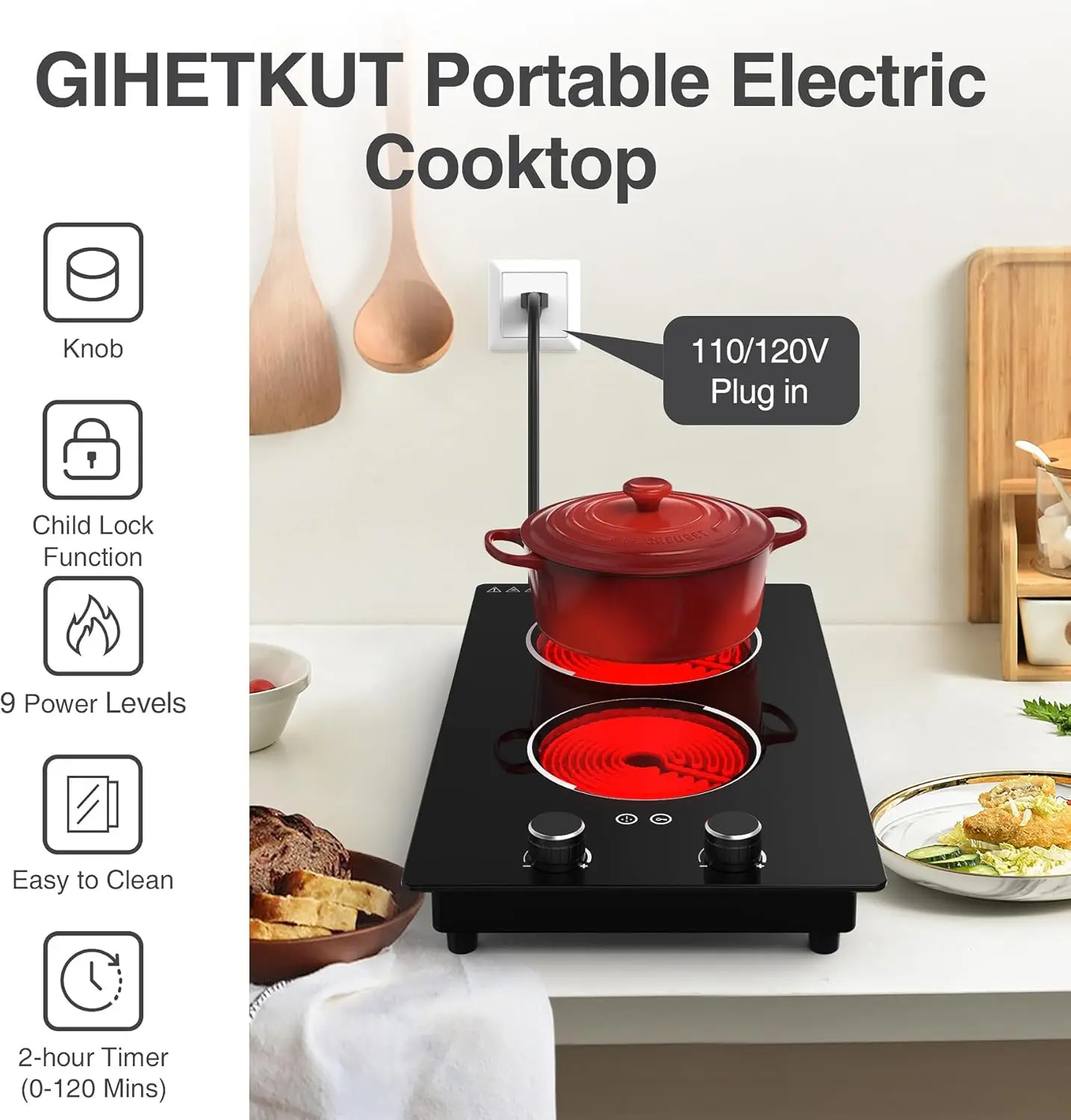 Electric Cooktop,110V 2100W Electric Stove Top with Knob Control, 10 Power Levels, Kids Lock & Timer, Hot Surface Indicator