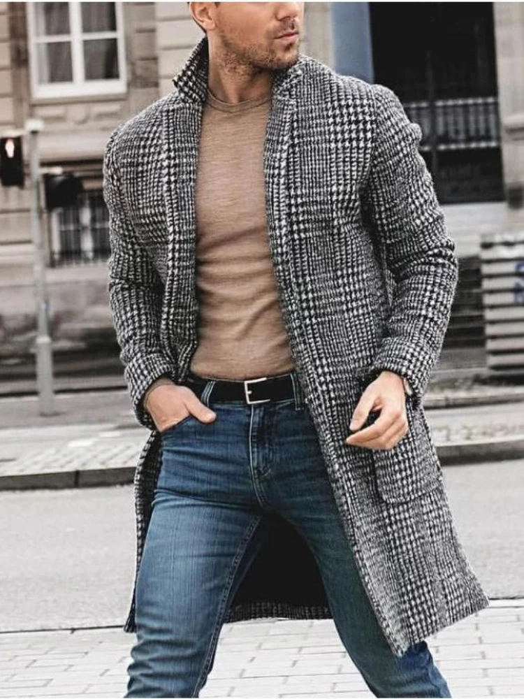 2023 Luxury Brands Tweed Coat Men Autumn Winter Long Sleeve Trench Coat Plaid Vintage Slim Mid-length Windbreaker Outerwear