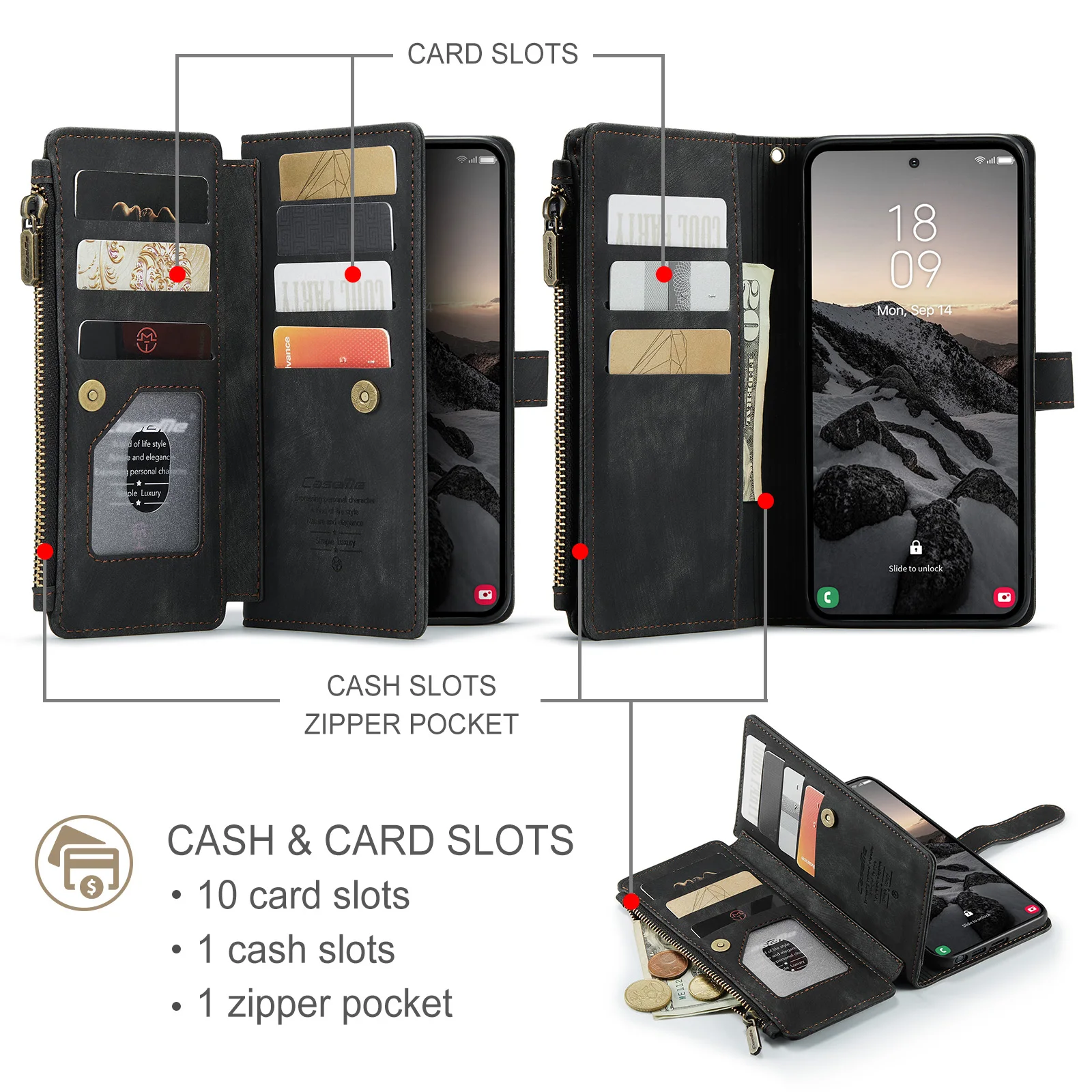 Zipper Flip Wallet Leather Phone Case with Lanyard and Wireless Charging Capability